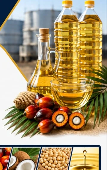 Palm fruits, coconut and bottled oils representing Hamraan product categories